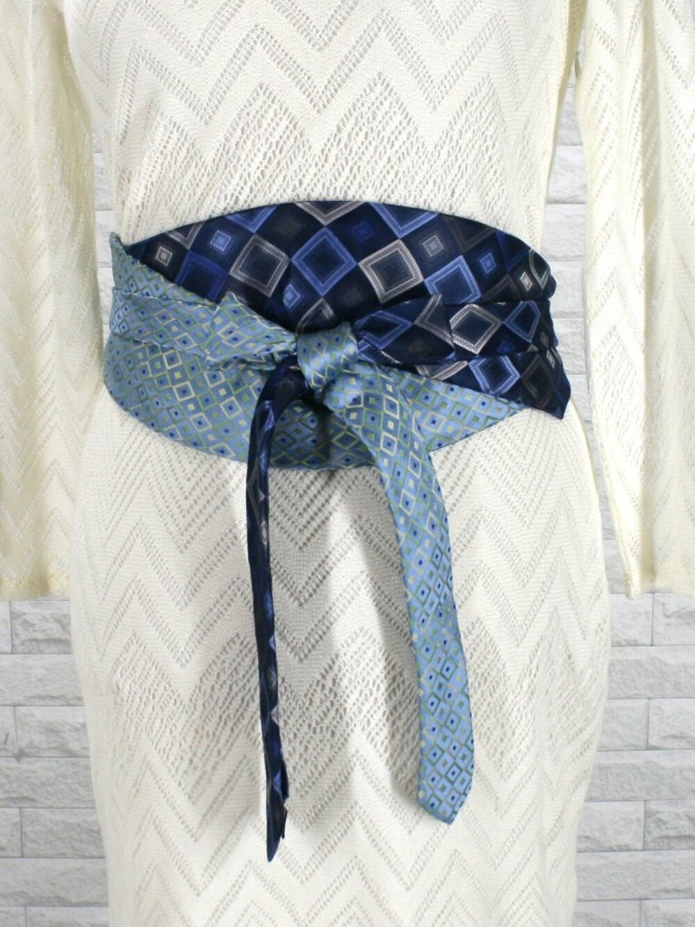 HAND CRAFTED Belt Necktie Upcycled Cummerbund Wrap Silk Wide Obi Waist Sash Blue